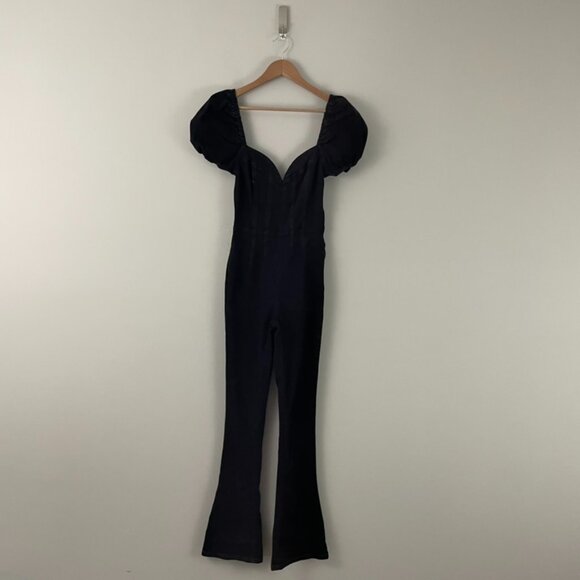 Free People Moondance Black Denim Sweetheart Puff Sleeve Jumpsuit Size XS - Picture 1 of 7
